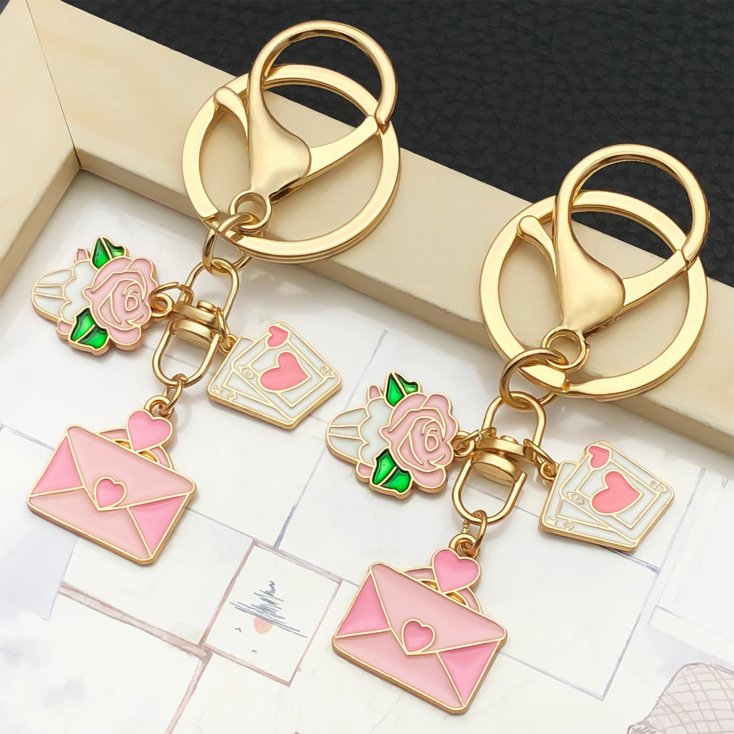 Wholesale Valentine's Day Oil ipping Pink Love Heart Rose Keychain