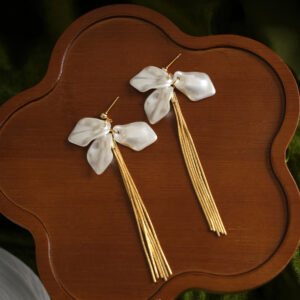 Wholesale White Petal Long Gold Tassel Earrings