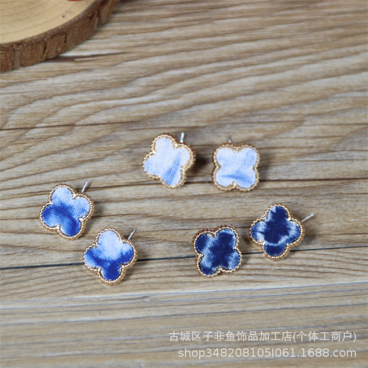 Wholesale Blue Dyed Tie-dye Retro Ethnic Literary Plant Fabric Earrings S925 Sier