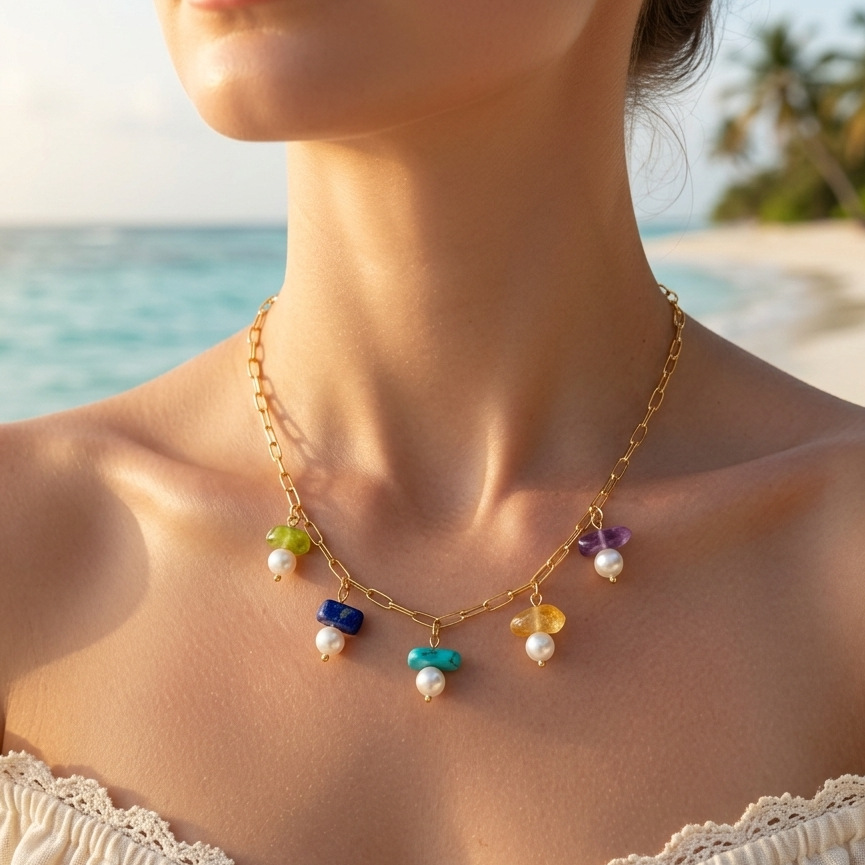 Wholesale Jewelry Set Women's Natural Stone Pendant Aessories, Titanium Steel Bracelet, and Pearl Necklace Set