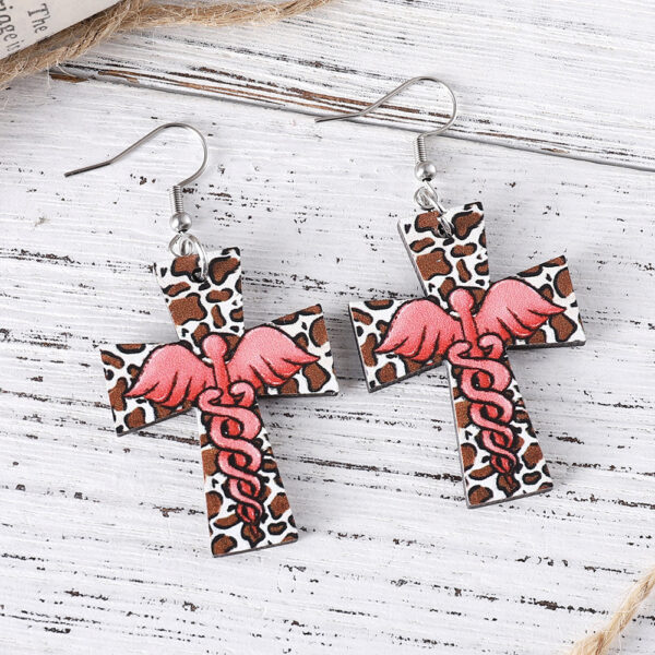 Wholesale Cross Leopard Angel Pendant Earrings Wooden Double-sided Earring Gift