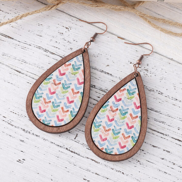 Wholesale Color Flower Arrow Painted Water Drop Pendant Wooden Bohemian Earrings