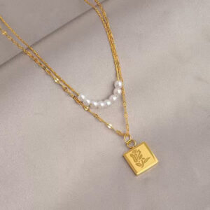 Gold rose pearl double layer necklace