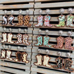 Wholesale Cross-border European and American Western Denim boots earrings classic leopard leather inlaid wood texture earrings factory supply