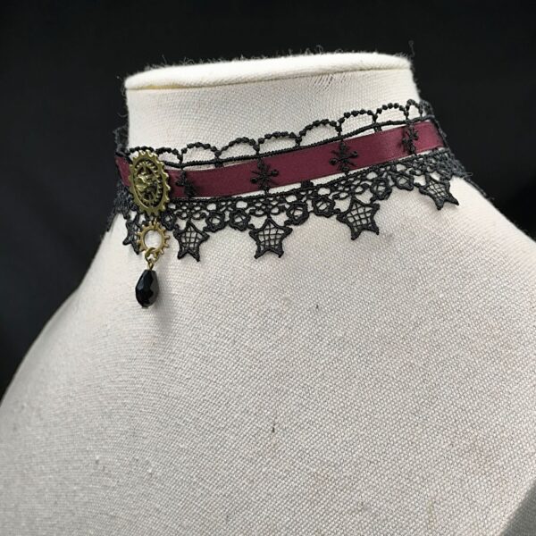 Wholesale Lace punk star dark red ribbon black and white lace necklace