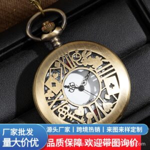 Wholesale Blue antique silver hollowed out flower rabbit poker pocket watch