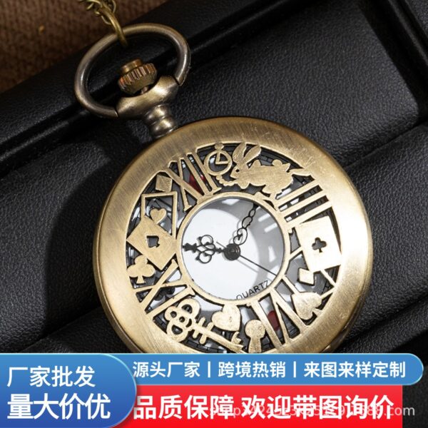 Wholesale Blue antique silver hollowed out flower rabbit poker pocket watch