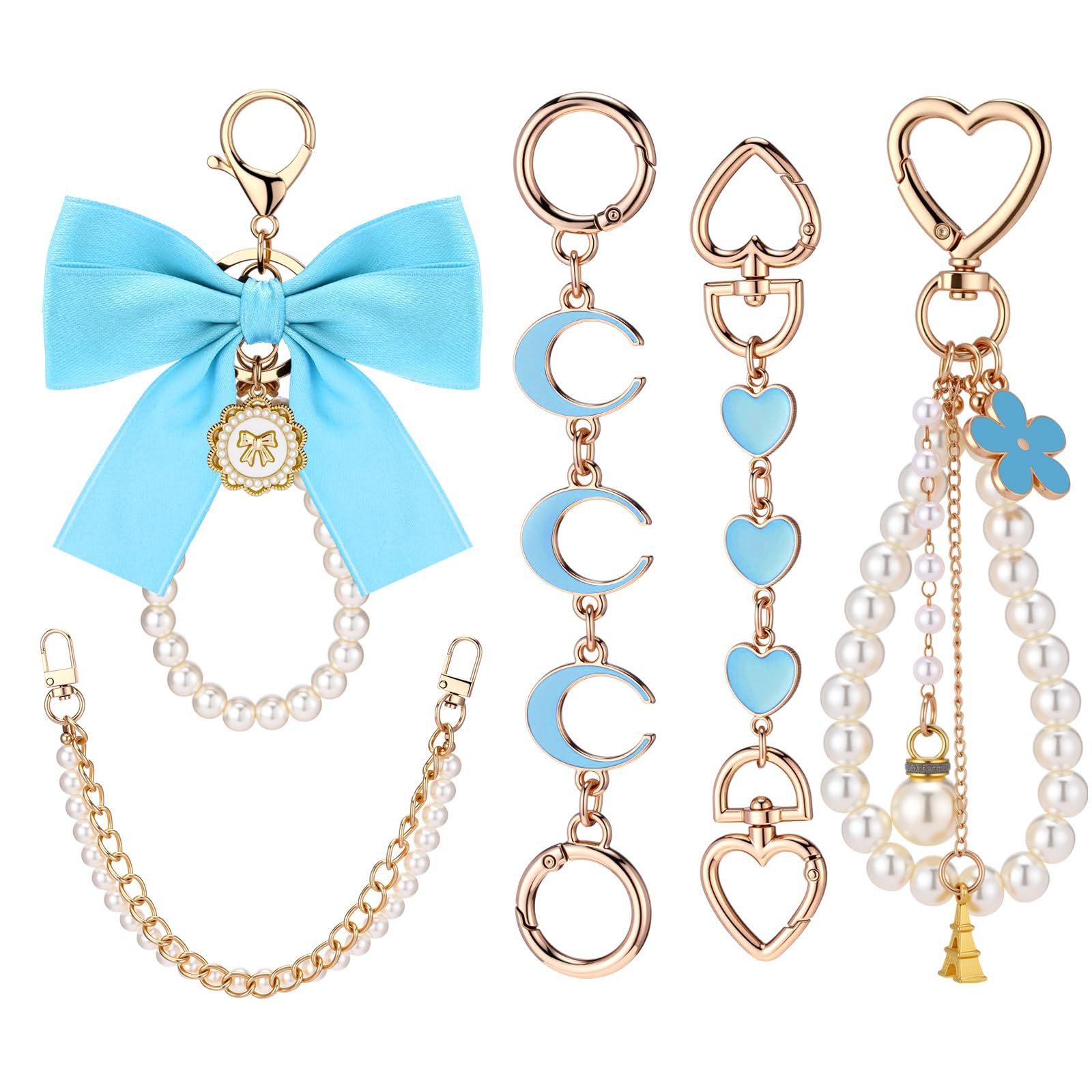 Wholesale Pearl Cute Blue Bow 5-piece Keychain Set
