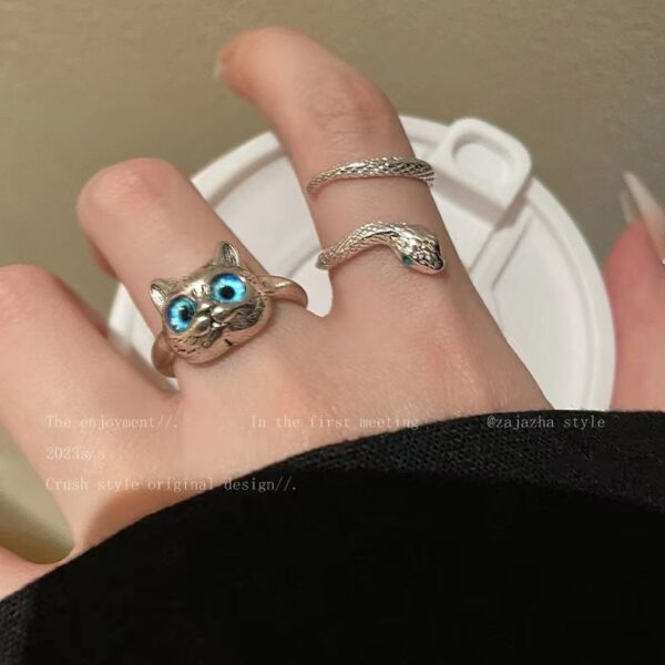 Wholesale Cartoon blue cat eye silver snake ring