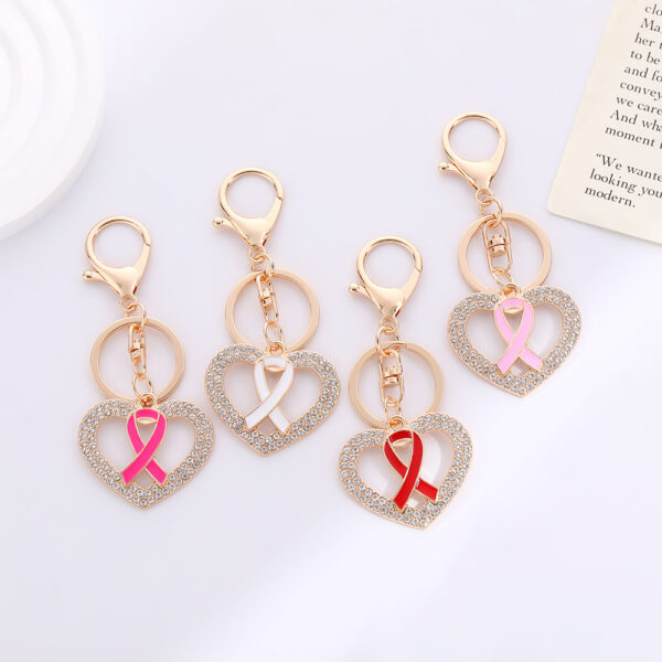 Wholesale Love Pink Ribbon with Water Diamond Metal Keychain