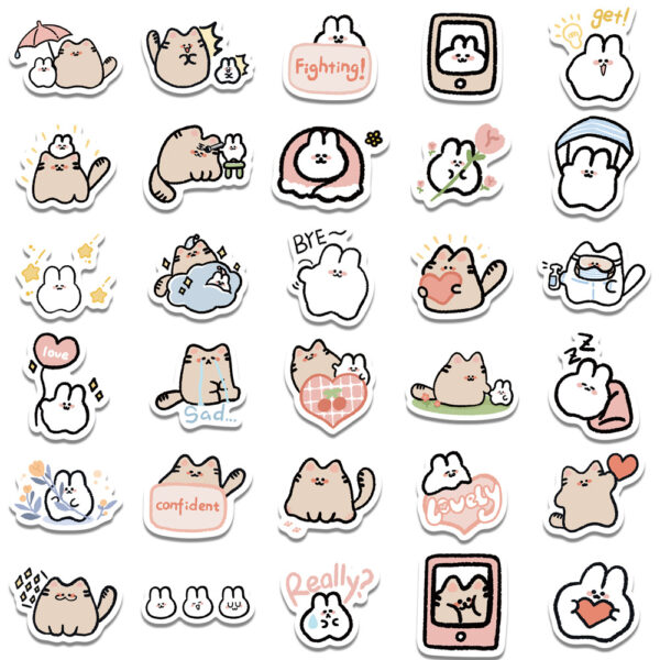 Wholesale 60pcs cartoon cat and rabbit graffiti watercolor proof vinyl stickers