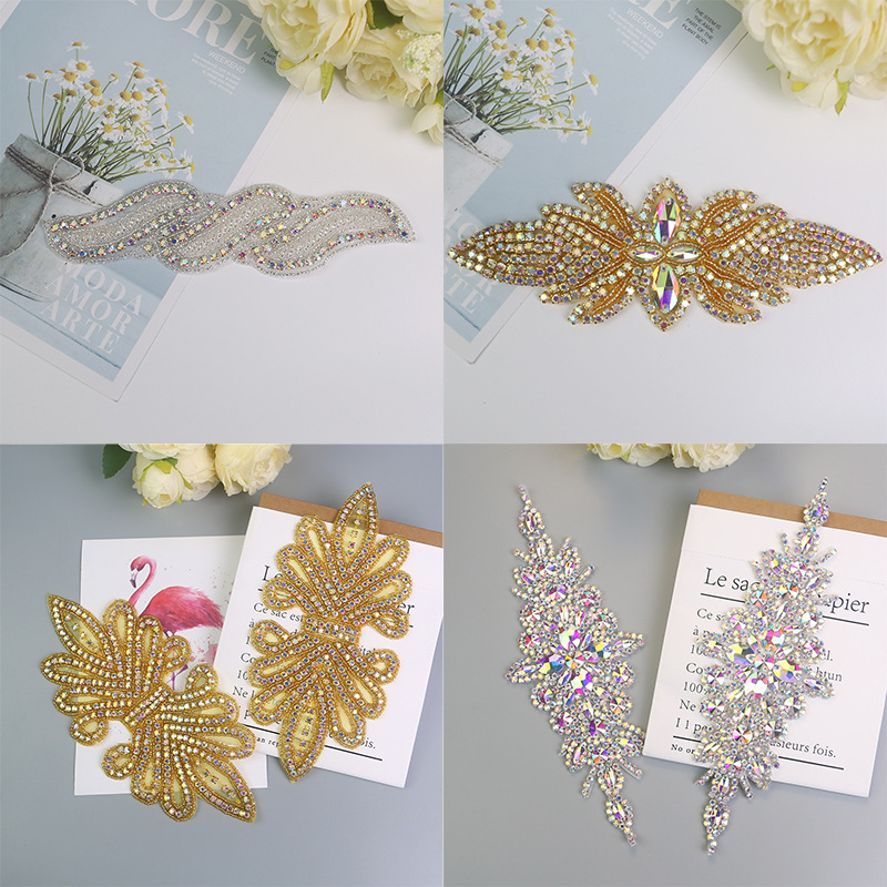 Wholesale New Gold-Colored Crystal Glass Rhinestone Applique with Colored Diamonds, Handmade Rhinestone Applique for Bridal Waistbands with Adhesive B