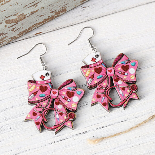 Wholesale Pink Love Nurse Hat Stethoscope Bow Pendant Earrings