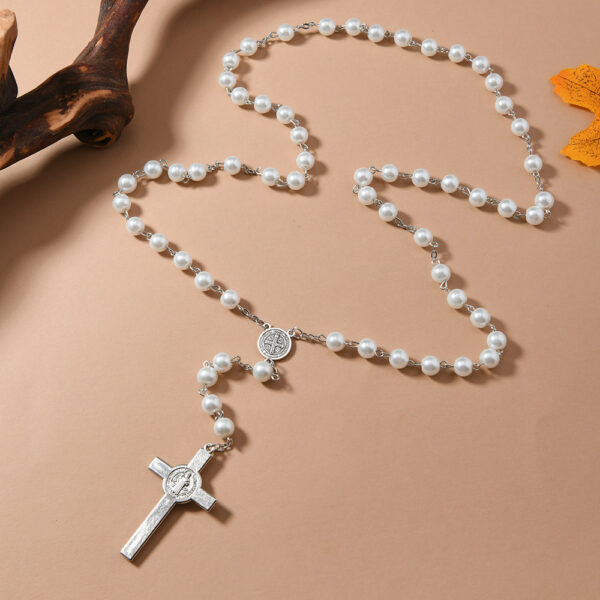 Wholesale Glass Imitation Pearl Cross Rosary Necklace
