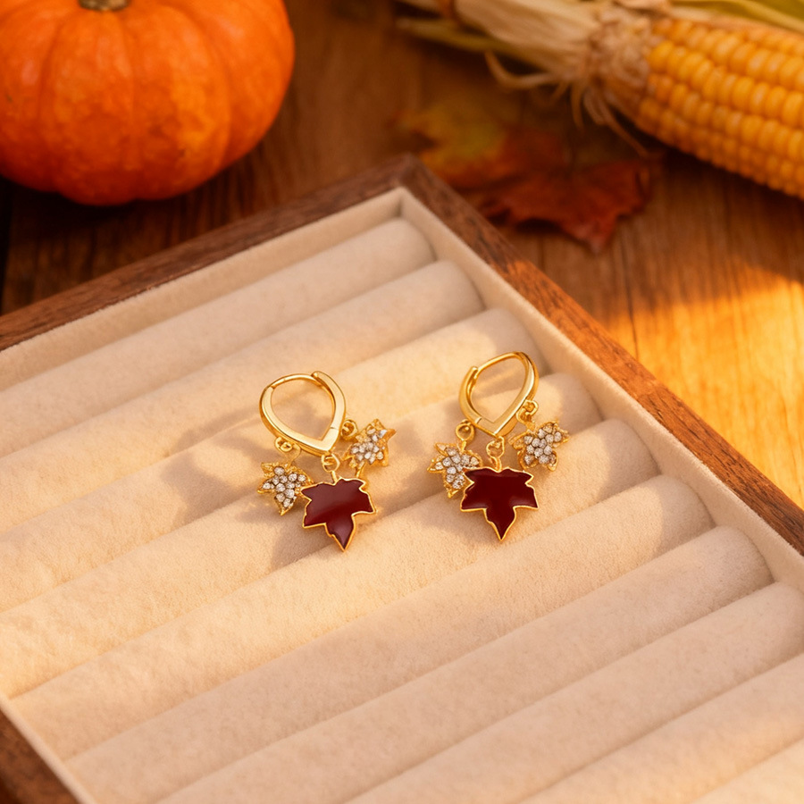 Wholesale Vintage Red Maple Leaf Diamond Earrings