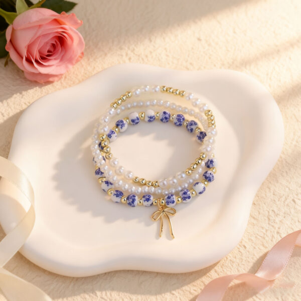 Wholesale Bohemian Blue and White Porcelain Bow Bracelet Set