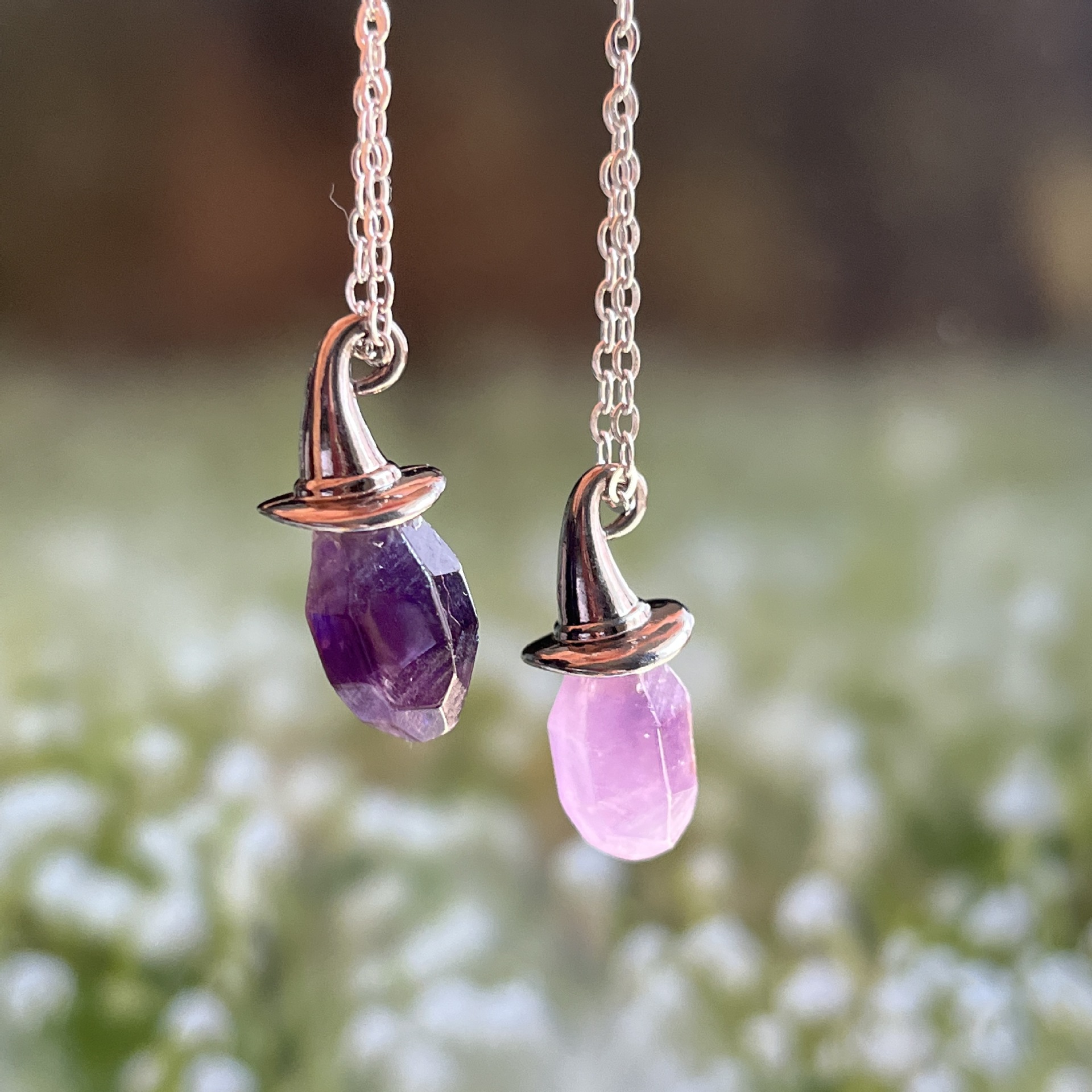 Wholesale Natural amethyst hexagonal pillar witch hat necklace