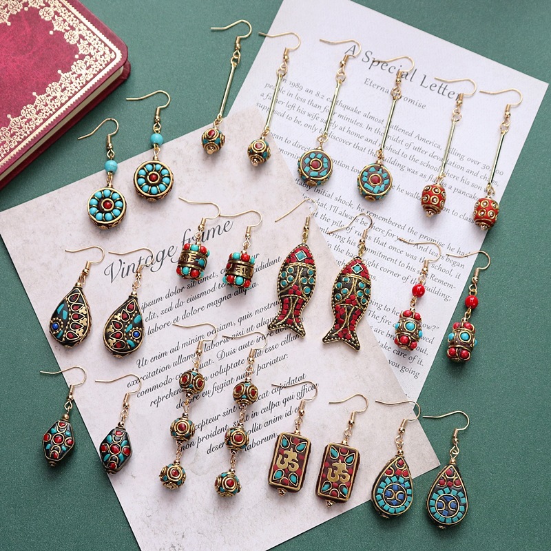 Wholesale Handmade Niche Nepalese Exotic Xizang Ethnic Style Earrings Retro Elegant Simple Elegant Ear op Face Skinny Earrings