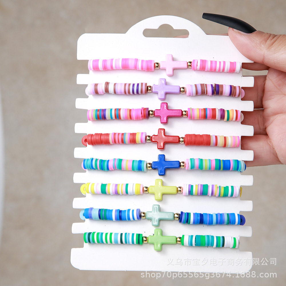 Wholesale Bohemian-style colorful lymer clay cross bracelet