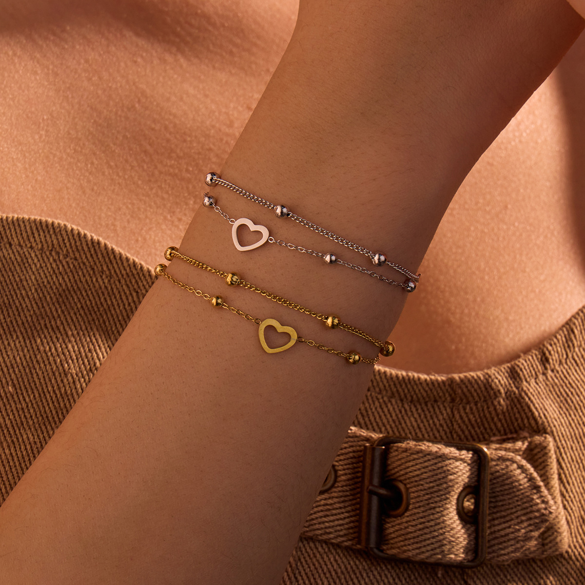 Wholesale Double layered heart-shaped stainless steel Valentine's Day bracelet