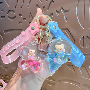 Wholesale Floating Bottle with Oil Sitting Bear Milk Tea Cup Acrylic Transparent Keychain
