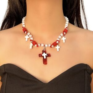 Dark red cross necklace - DX0776