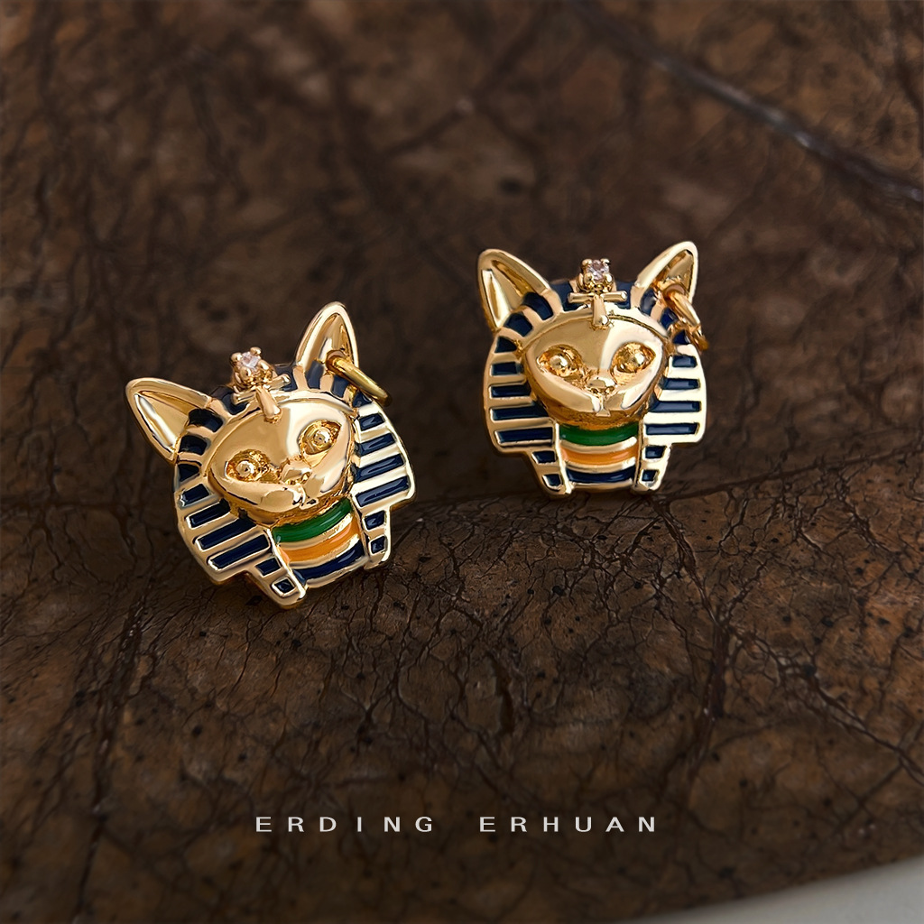 Wholesale Cat Head Pharaoh Enamel ipping Glaze Painted Sier Needle Earrings