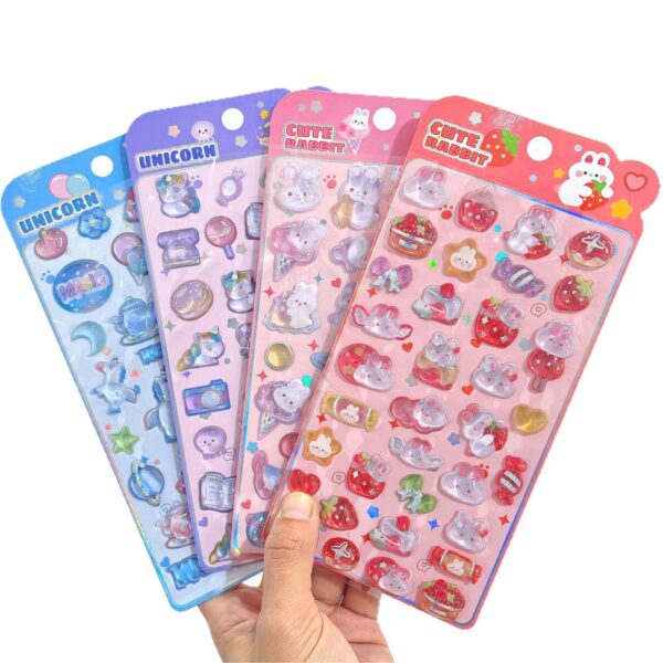 Wholesale In Stock/Embossed Stickers 3D Genuine Solid Strawberry Rabbit Unicorn Stereo Crystal Stickers Children's Cartoon Stickers
