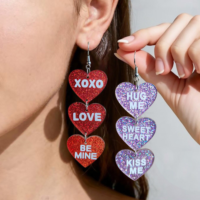 Wholesale Valentine's Day Flash Three in One Heart Letter Acrylic Earrings