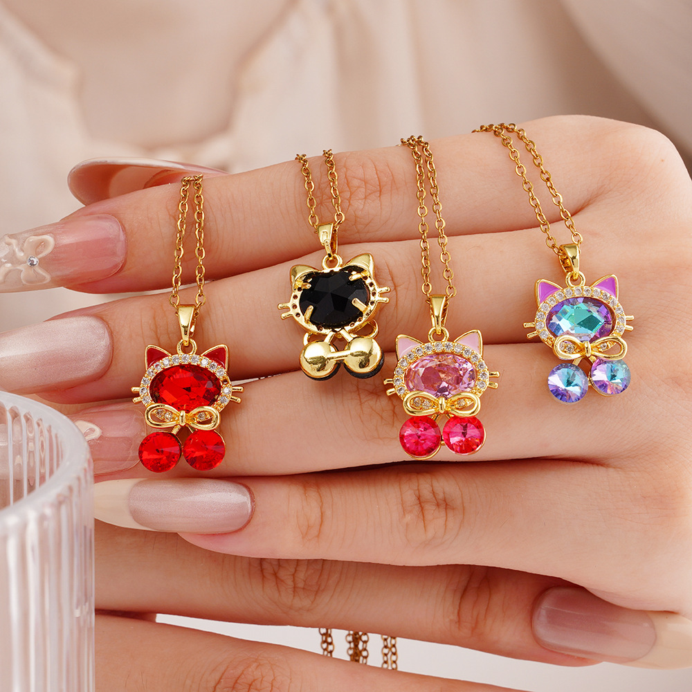 Wholesale Copper gold-plated micro inlaid zircon cat pendant stainless steel necklace