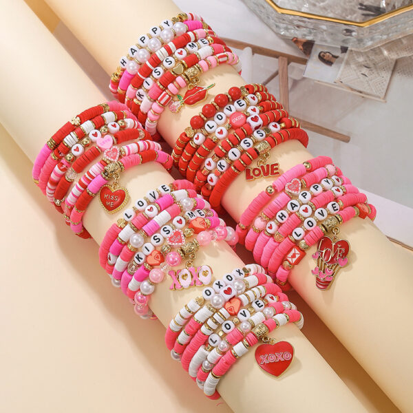 Wholesale Valentine's Day Jewelry Soft Clay Bracelet Set Gift Heart Bouquet Lip Pendant