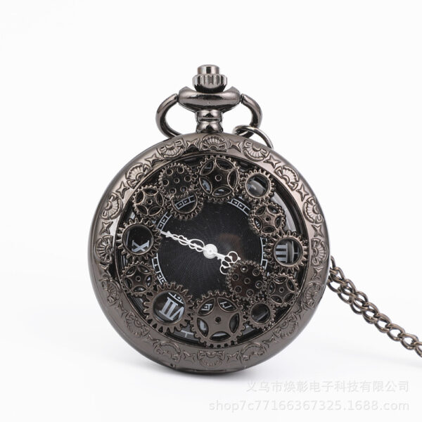 Wholesale Large black gear retro hollow flip quartz pocket watch