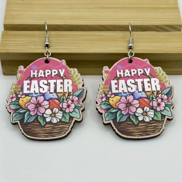 Wholesale Easter Flower Basket Rabbit Printed Easter Egg Wooden Earrings