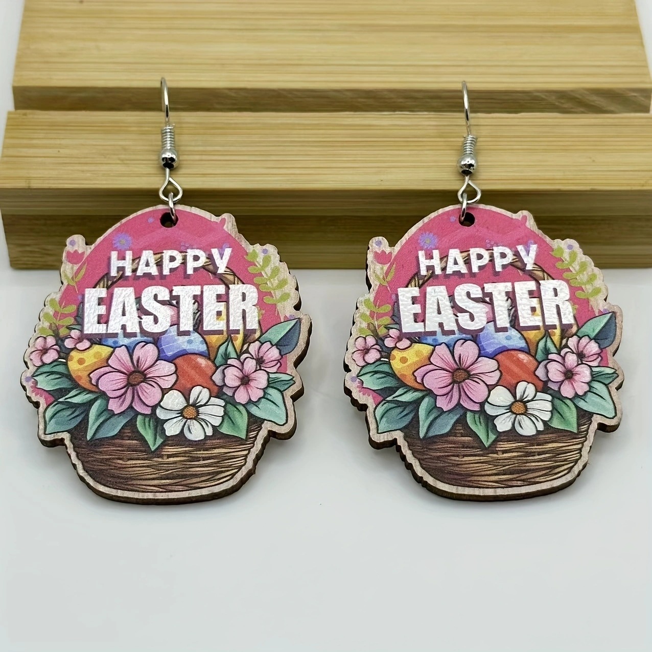 Wholesale Easter Flower Basket Rabbit Printed Easter E Wooden Earrings