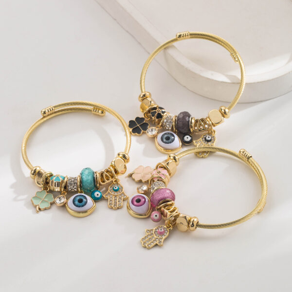 Wholesale Diamond studded Devil's Eye Palm Clover Stainless Steel Bracelet