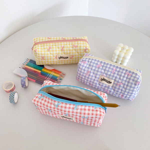 Wholesale Cream Color Plaid Bow Pencil Case