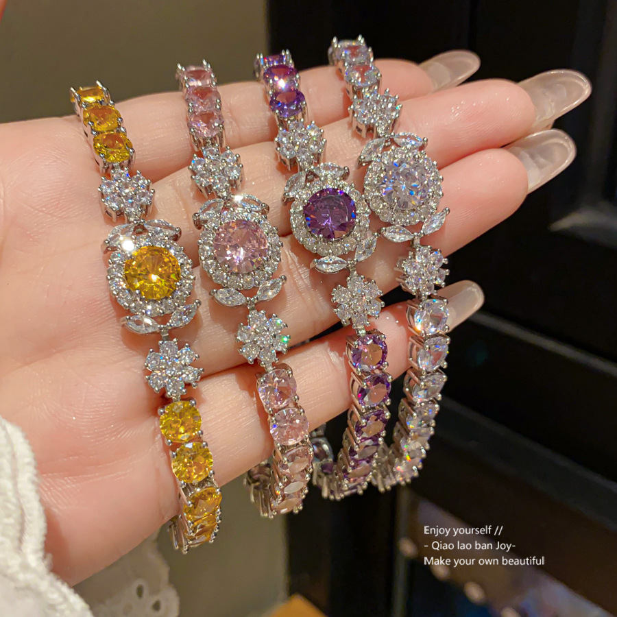 Wholesale Ser Sparkling Color Zircon Round Flower Bracelet
