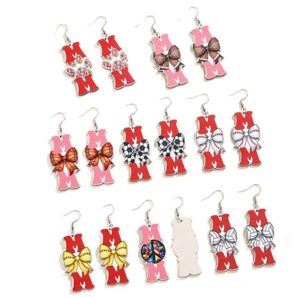 Wholesale Mother's Day Wooden Earrings Sports Baseball Shiny Earrings Bow Jewelry