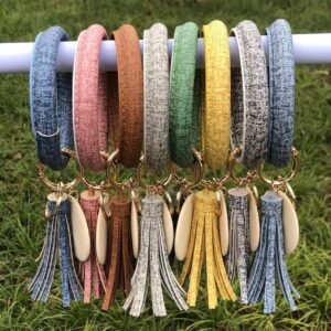 Wholesale Punk denim leather wristband tassel wooden pendant Wristlet Keychain