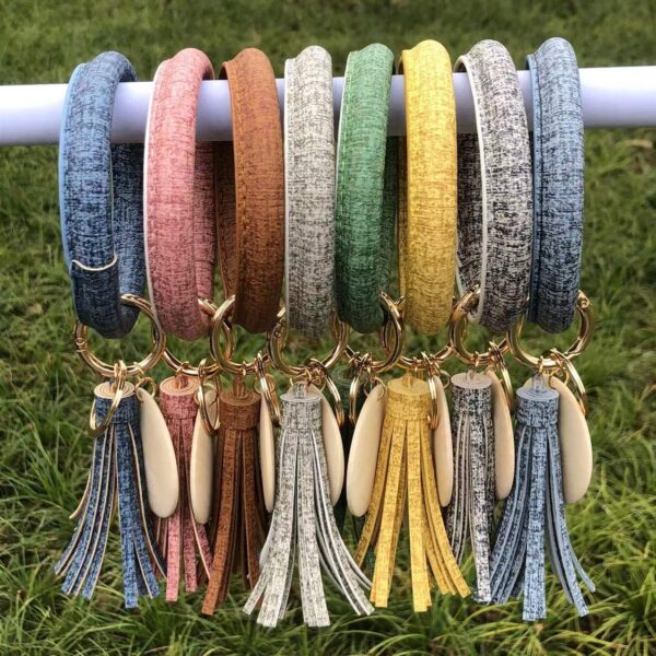 Wholesale Punk denim leather wristband tassel wooden pendant Wristlet Keychain