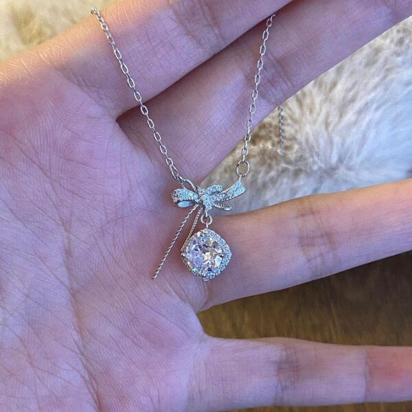 Wholesale Square Sugar White Diamond Bow Pink Diamond Titanium Steel Necklace