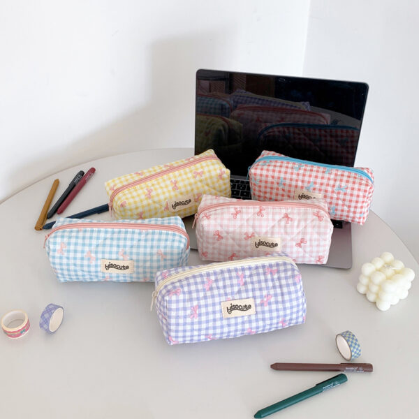 Wholesale Cream Color Plaid Bow Pencil Case