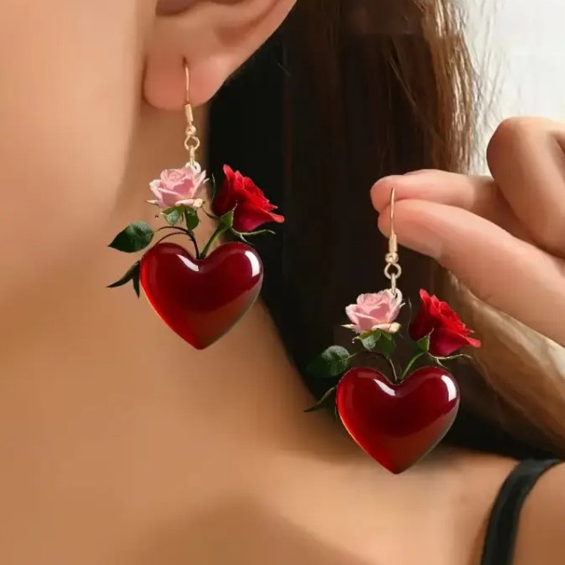 Wholesale Heart shaped Red Rose Valentine's Day Acrylic Earrings