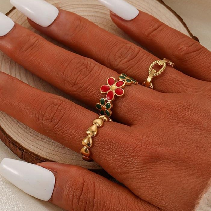 Wholesale Stainless steel enamel ip oil colored flower heart titanium steel ring