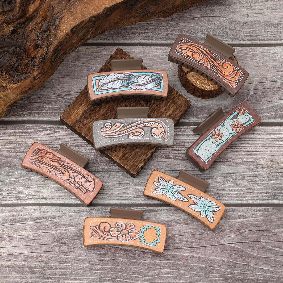 Wholesale Cactus Feather Flower Pattern Printing Shark Clip Hair Clips