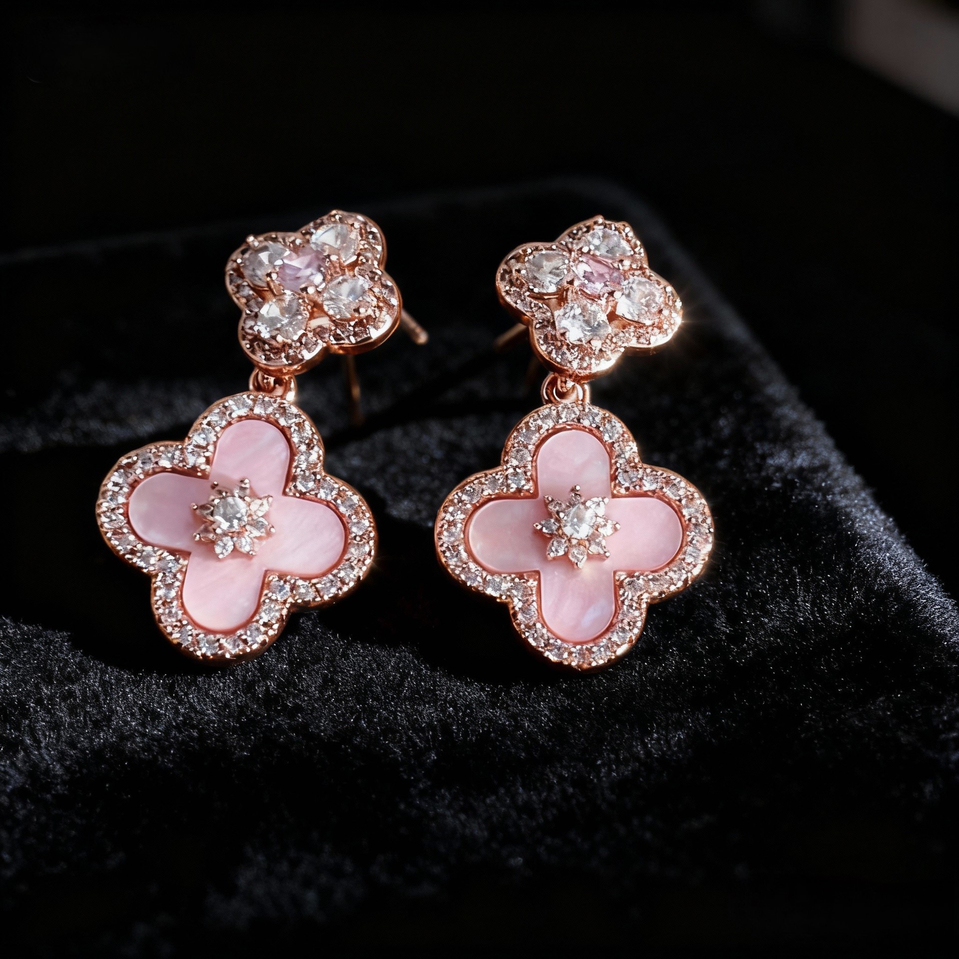 Wholesale Pink Shell Four Leaf Pink Sier Needle Earrings