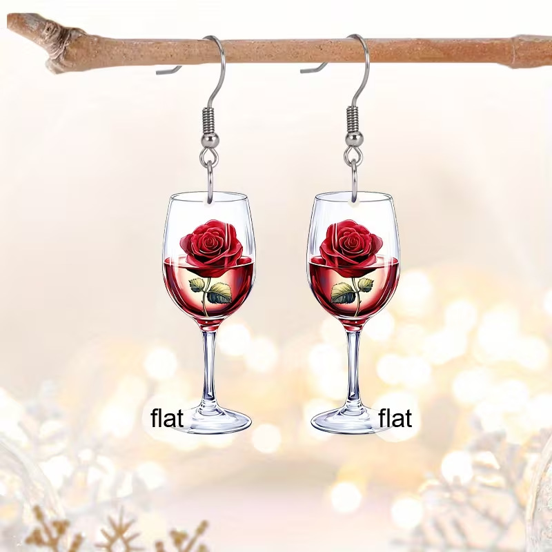 Wholesale Red wine glass and red rose earrings, flat acrylic earrings.