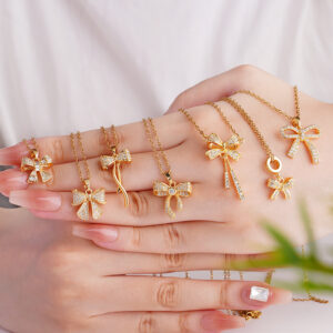 Wholesale Copper Inlaid Zircon Bow Pendant Luxury Versatile Stainless Steel Clavicle Necklace Jewelry