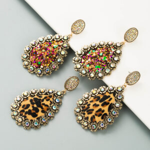 Wholesale Leopard leather diamond studded colorful sequin earrings