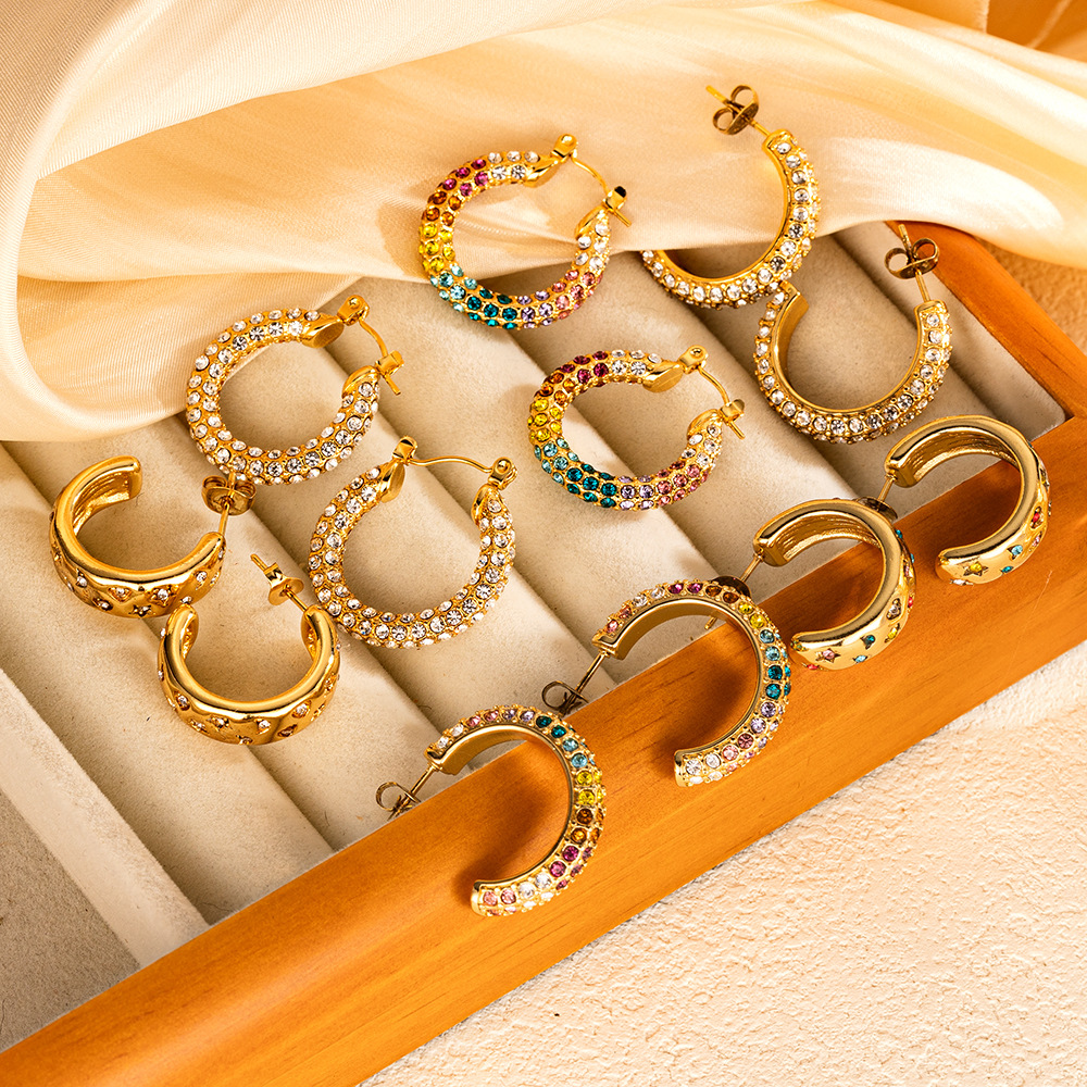 Wholesale European and American cross-border INS 18k gold-plated stainless steel earrings with zircon inlay, vintage and high-end titanium steel earri